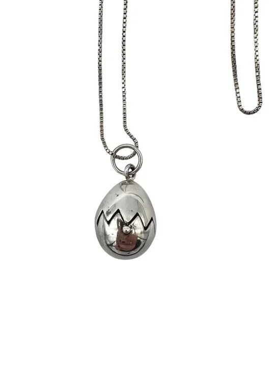 Sterling Silver Hinged Egg Pendant with Hidden Chick Necklace 24" 925 Chain - Picture 2 of 13